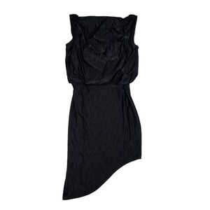 Black Halo Black Boat Neck Asymmetrical Hem Draped Mini Dress